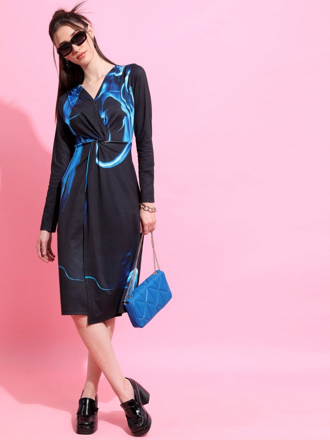 Tokyo Talkies Women Black Printed Wrap Dress - Black - Image 1