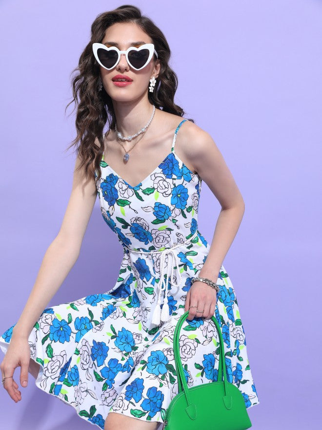 Tokyo Talkies Women Blue Printed A-Line Dress - Blue - Image 4