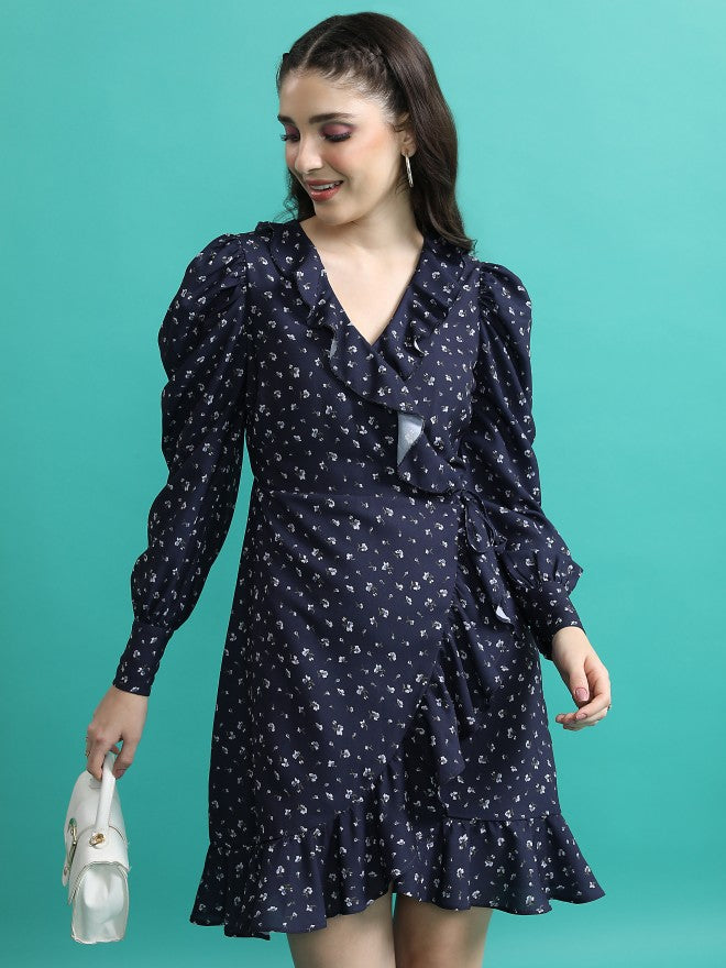 Tokyo Talkies Women Navy Printed Wrap Dress - Navy Blue - Image 1