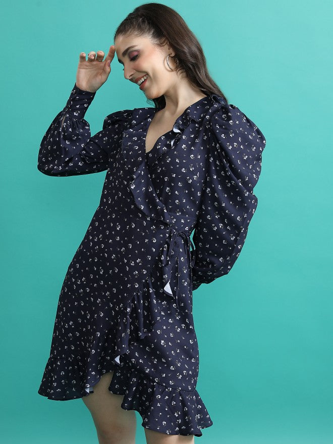 Tokyo Talkies Women Navy Printed Wrap Dress - Navy Blue - Image 4