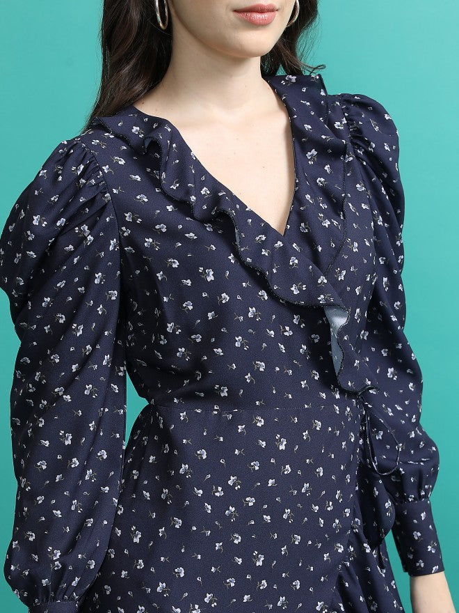 Tokyo Talkies Women Navy Printed Wrap Dress - Navy Blue - Image 5