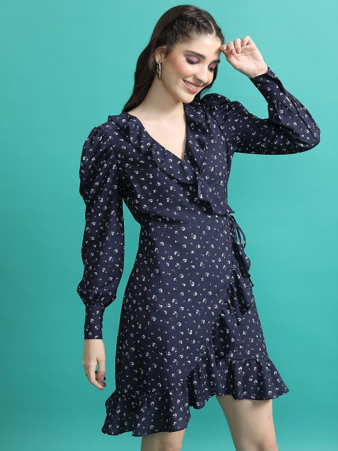 Tokyo Talkies Women Navy Printed Wrap Dress - Navy Blue - Image 6