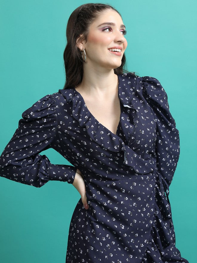 Tokyo Talkies Women Navy Printed Wrap Dress - Navy Blue - Image 7