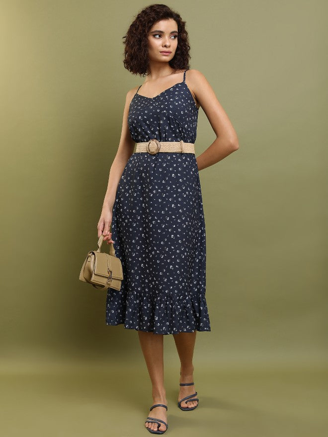 Tokyo Talkies Women Navy Printed Drop-Waist Dress - Navy Blue - Image 1