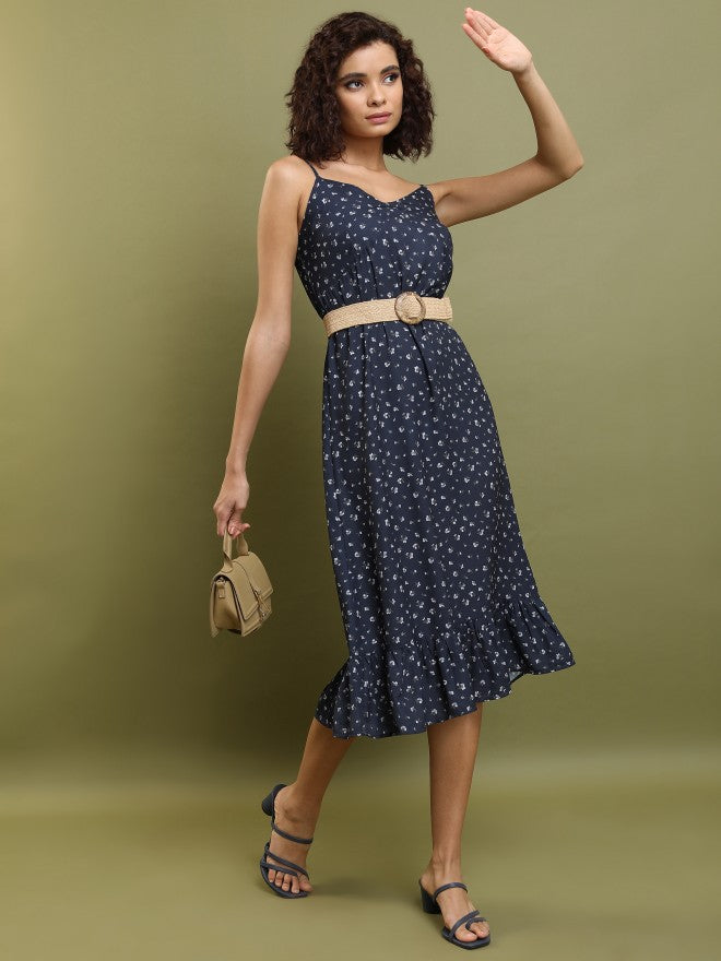 Tokyo Talkies Women Navy Printed Drop-Waist Dress - Navy Blue - Image 4