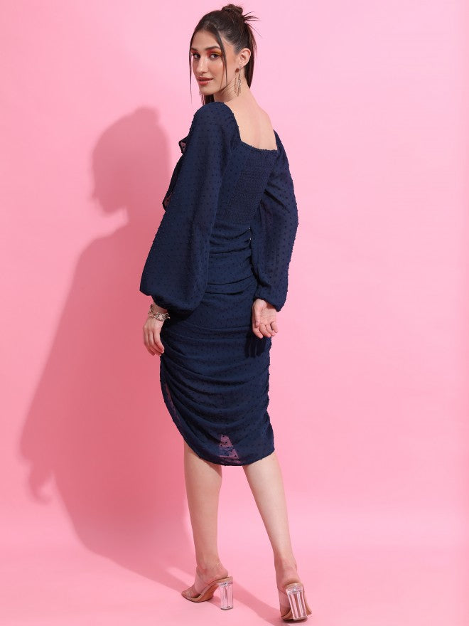 Tokyo Talkies Women Navy Blue Self Design Fit And Flare Dress - Navy Blue - Image 3