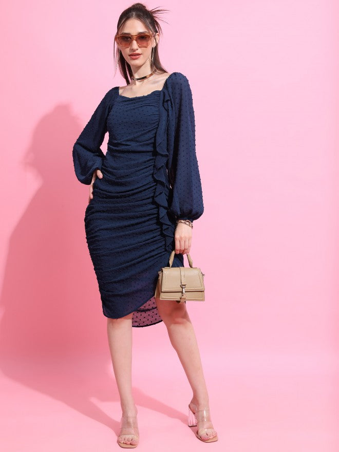 Tokyo Talkies Women Navy Blue Self Design Fit And Flare Dress - Navy Blue - Image 4