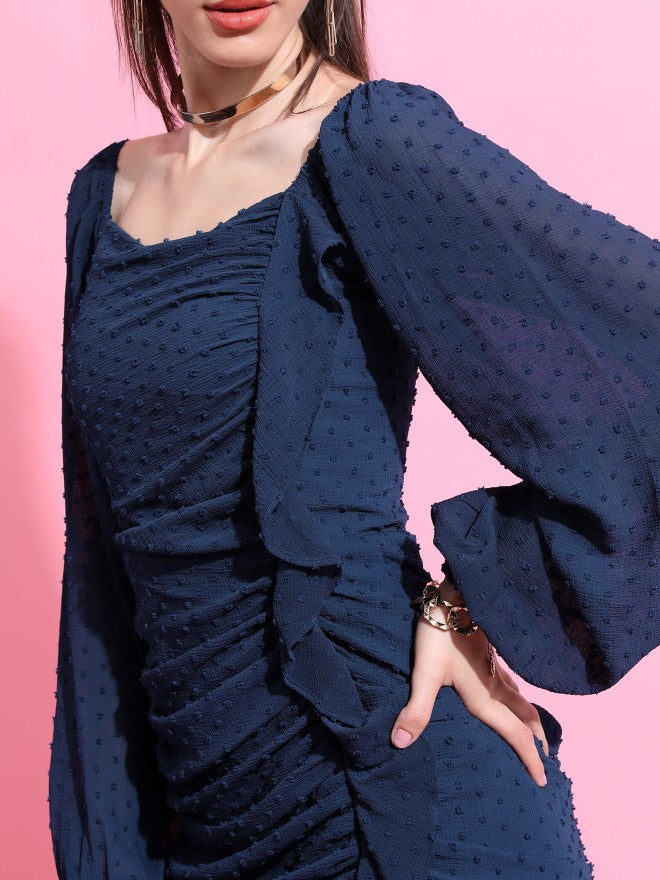 Tokyo Talkies Women Navy Blue Self Design Fit And Flare Dress - Navy Blue - Image 5