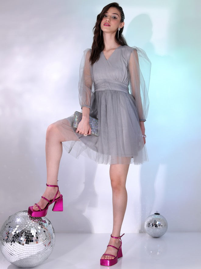 Tokyo Talkies Women Grey Solid Fit And Flare Dress - Grey - Image 2