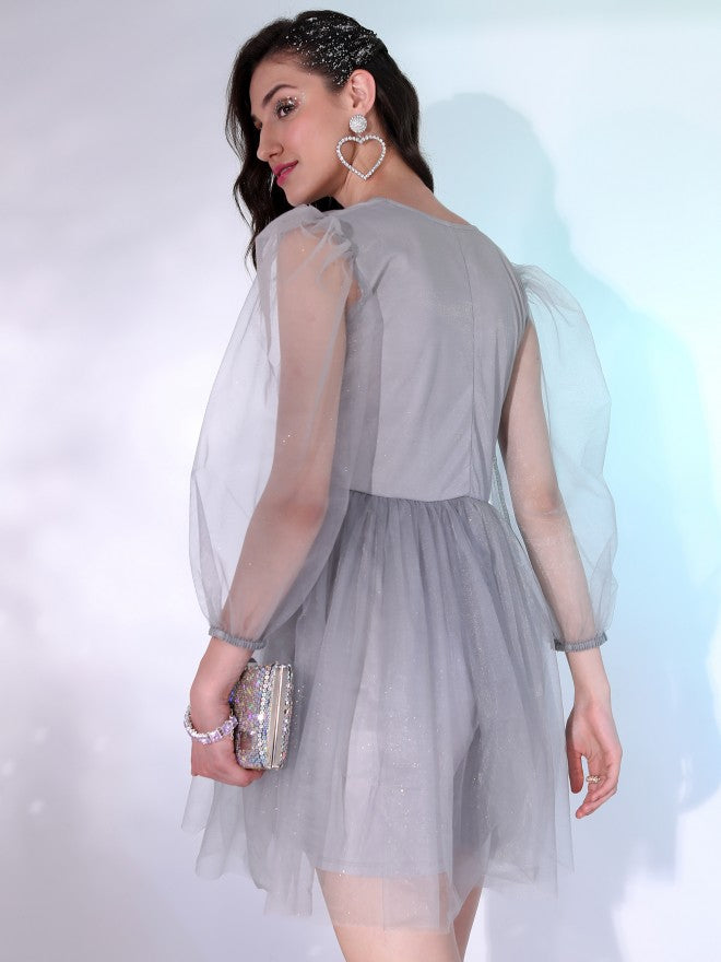 Tokyo Talkies Women Grey Solid Fit And Flare Dress - Grey - Image 3
