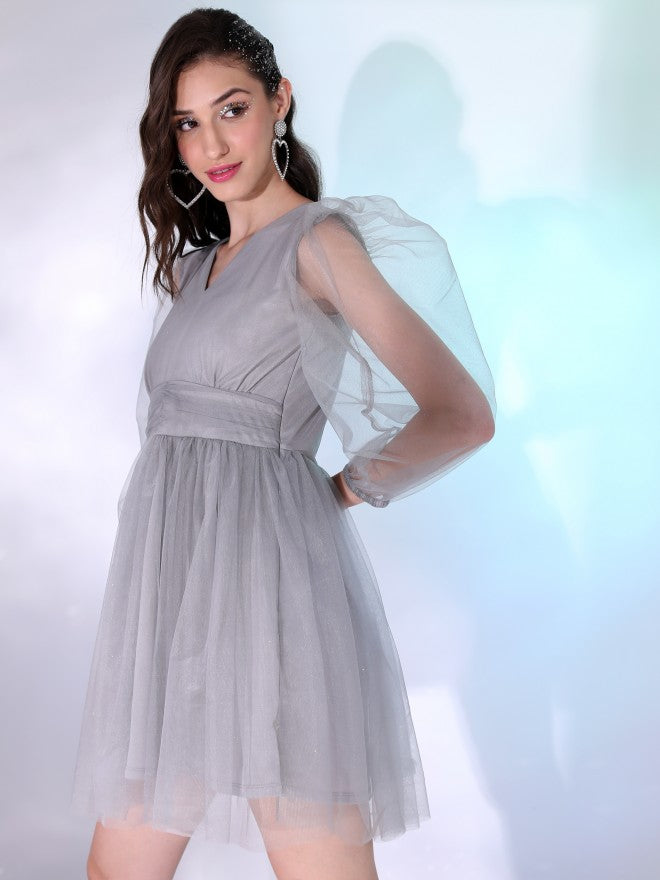 Tokyo Talkies Women Grey Solid Fit And Flare Dress - Grey - Image 4