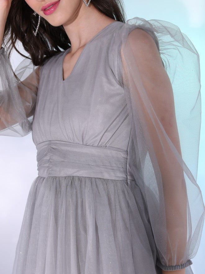 Tokyo Talkies Women Grey Solid Fit And Flare Dress - Grey - Image 5