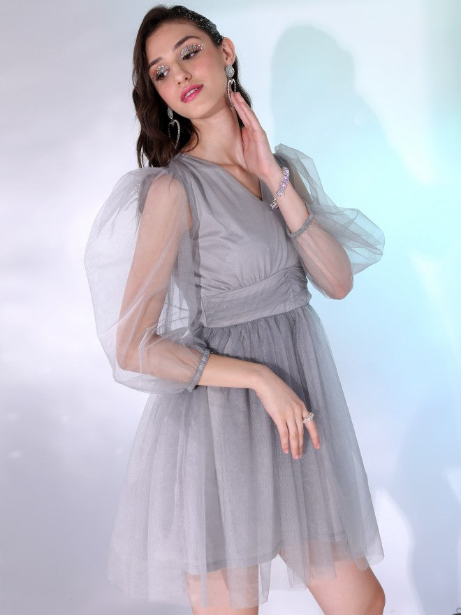 Tokyo Talkies Women Grey Solid Fit And Flare Dress - Grey - Image 6