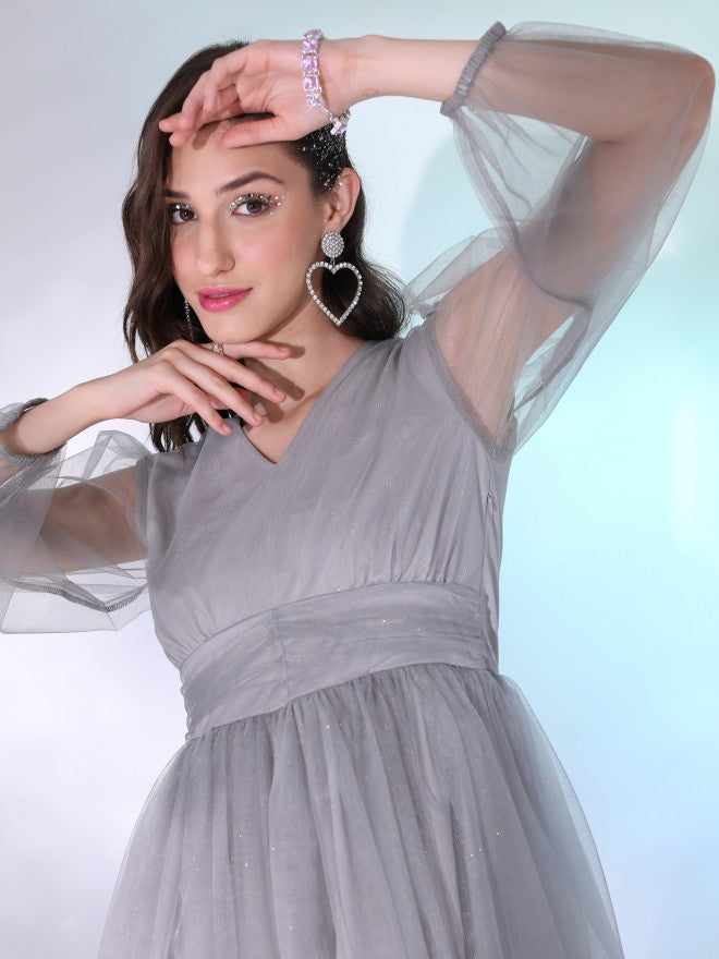 Tokyo Talkies Women Grey Solid Fit And Flare Dress - Grey - Image 7