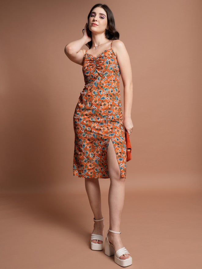 Tokyo Talkies Women Orange Printed Fit And Flare Dress - Orange - Image 1