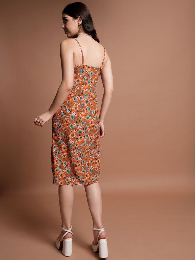 Tokyo Talkies Women Orange Printed Fit And Flare Dress - Orange - Image 3