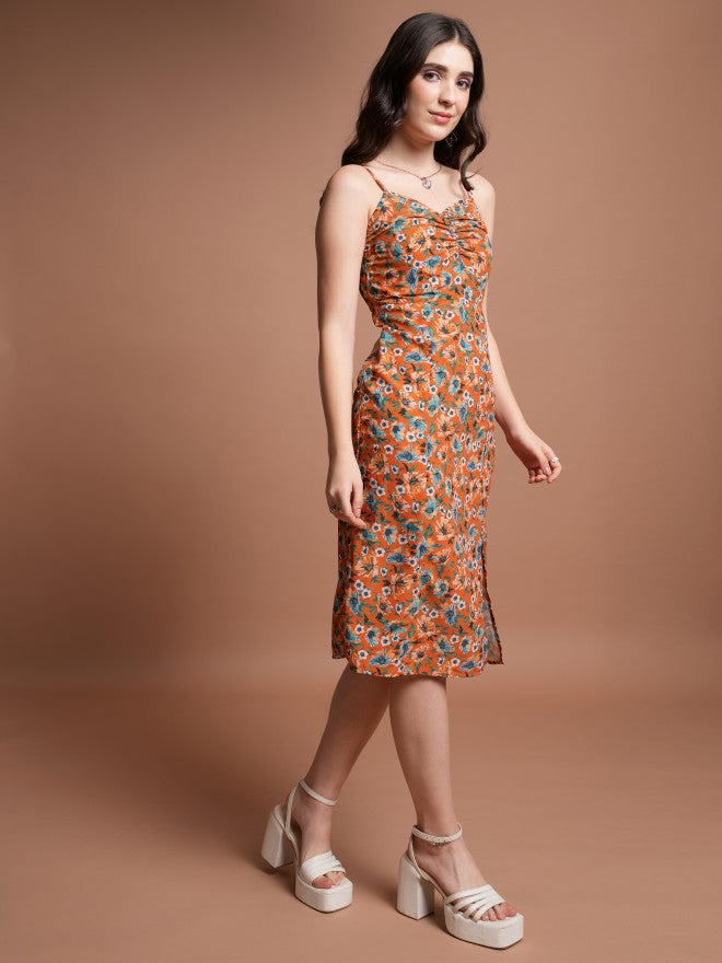 Tokyo Talkies Women Orange Printed Fit And Flare Dress - Orange - Image 4