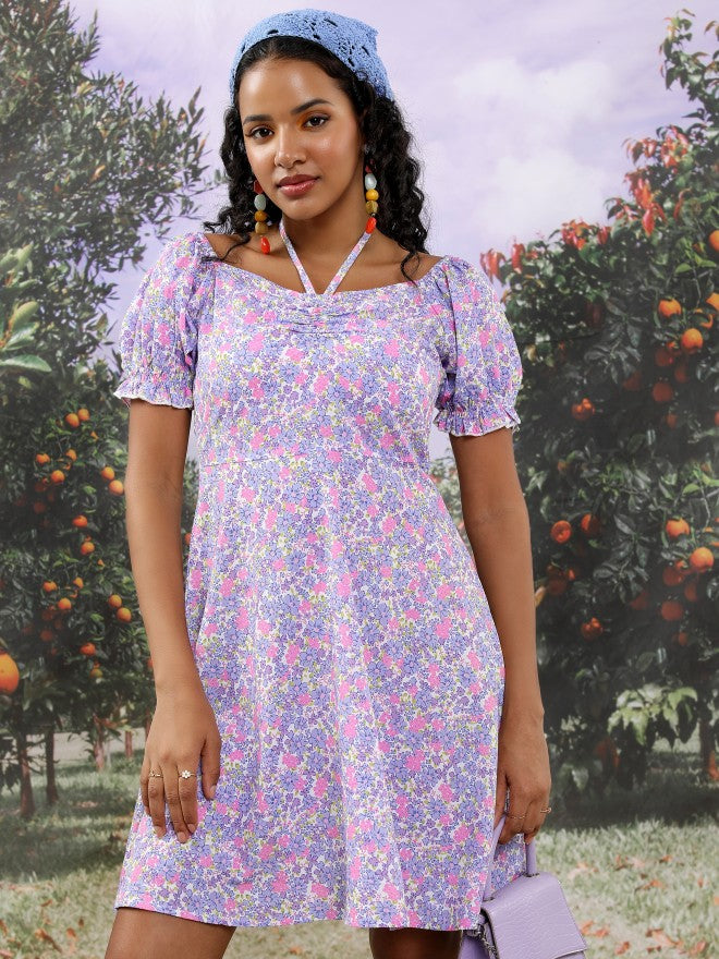 Tokyo Talkies Women Blue/Pink/Multi Printed Fit And Flare Dress - Blue - Image 1