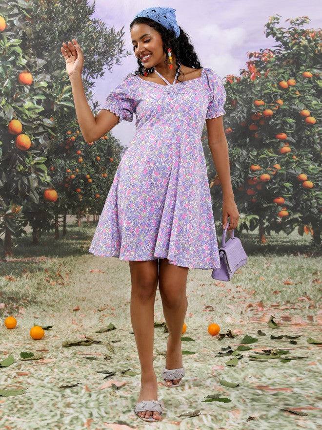 Tokyo Talkies Women Blue/Pink/Multi Printed Fit And Flare Dress - Blue - Image 2