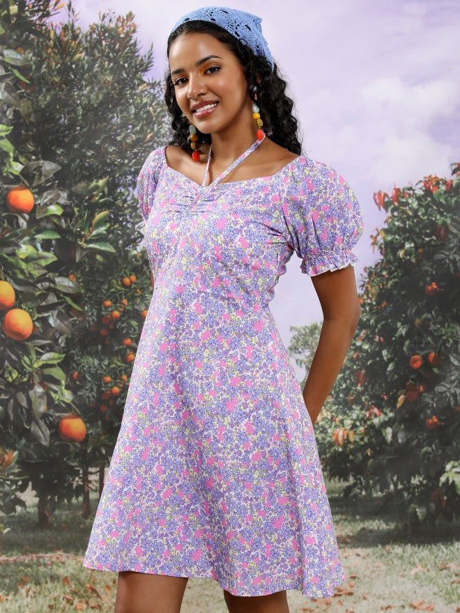 Tokyo Talkies Women Blue/Pink/Multi Printed Fit And Flare Dress - Blue - Image 4