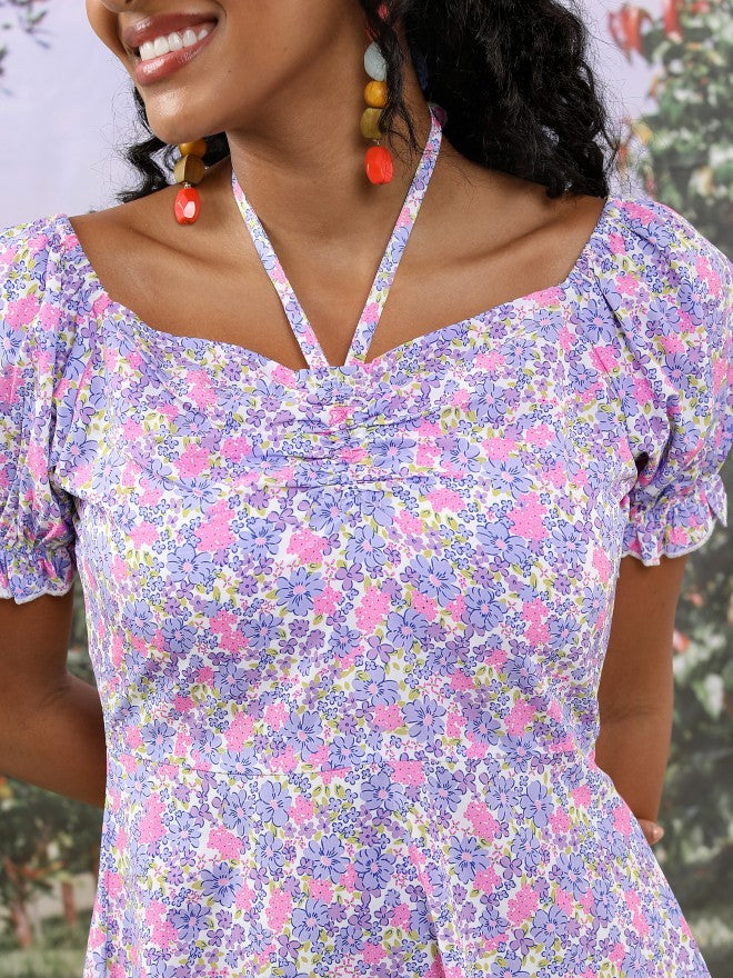 Tokyo Talkies Women Blue/Pink/Multi Printed Fit And Flare Dress - Blue - Image 5
