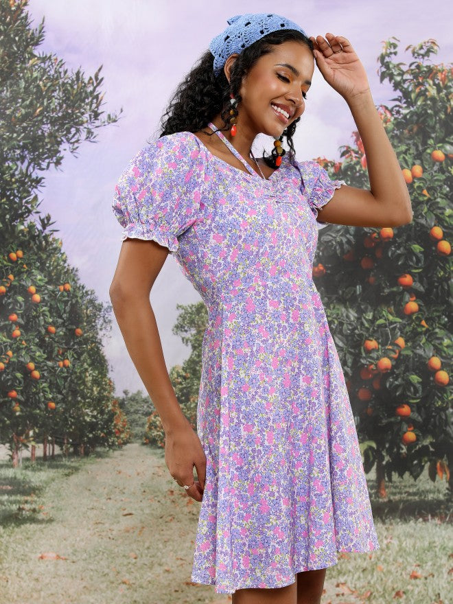 Tokyo Talkies Women Blue/Pink/Multi Printed Fit And Flare Dress - Blue - Image 6