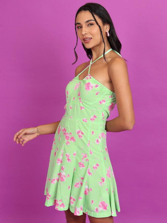 Tokyo Talkies Women Green Printed Fit And Flare Dress - Green - Image 4