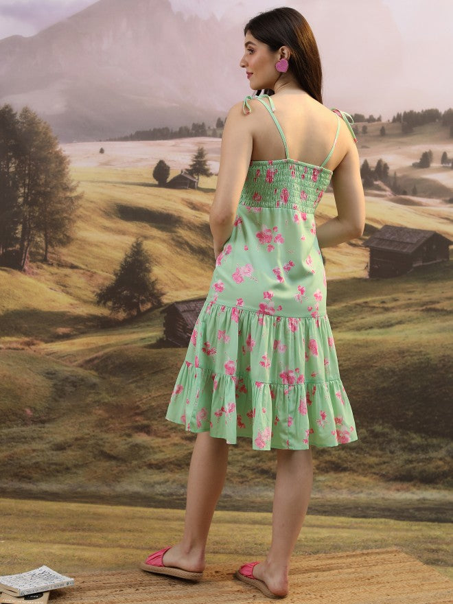 Tokyo Talkies Women Green Printed Drop-Waist Dress - Green - Image 3