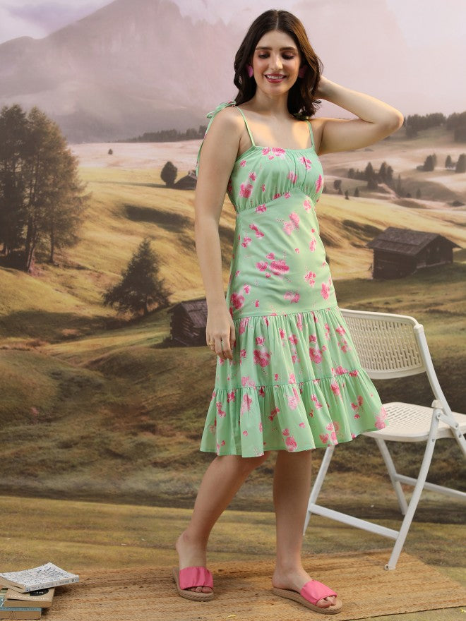 Tokyo Talkies Women Green Printed Drop-Waist Dress - Green - Image 4