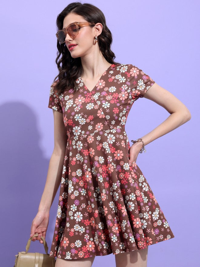 Tokyo Talkies Women Brown/Multi Printed Wrap Dress - Brown - Image 1