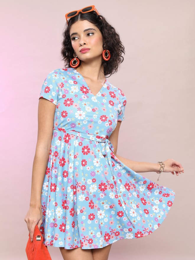Tokyo Talkies Women Blue Printed Wrap Dress - Blue - Image 1