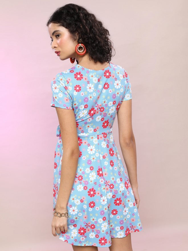 Tokyo Talkies Women Blue Printed Wrap Dress - Blue - Image 3