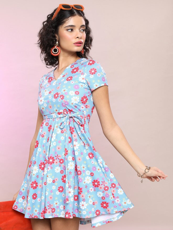 Tokyo Talkies Women Blue Printed Wrap Dress - Blue - Image 4