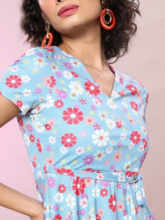Tokyo Talkies Women Blue Printed Wrap Dress - Blue - Image 5