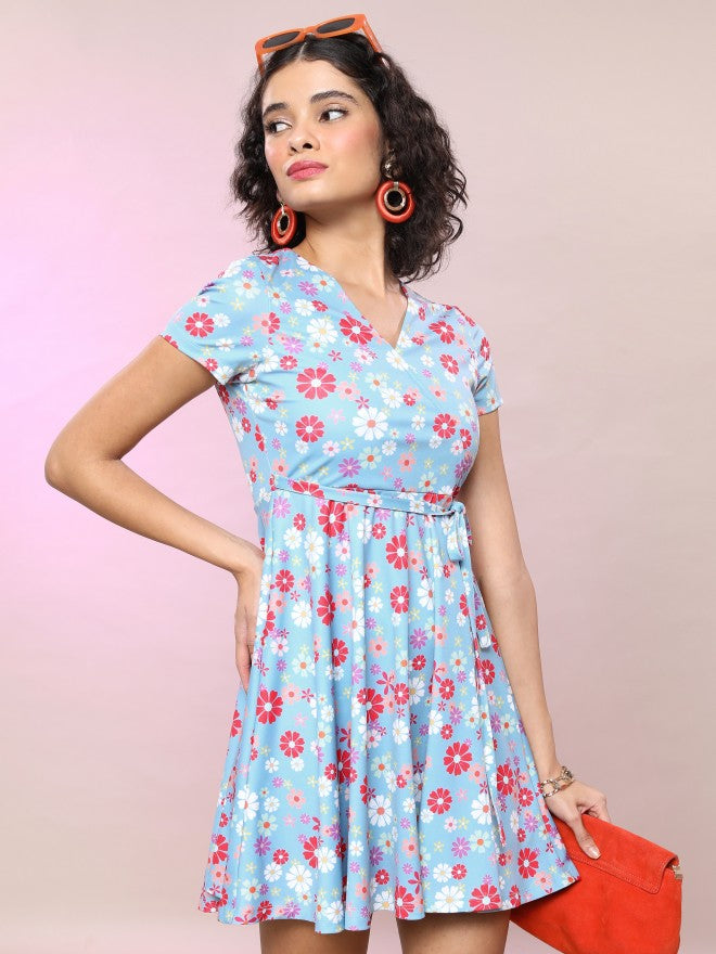 Tokyo Talkies Women Blue Printed Wrap Dress - Blue - Image 6