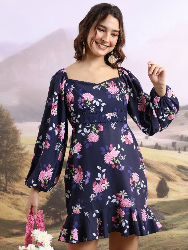 Tokyo Talkies Women Blue Printed Fit And Flare Dress - Blue - Image 1