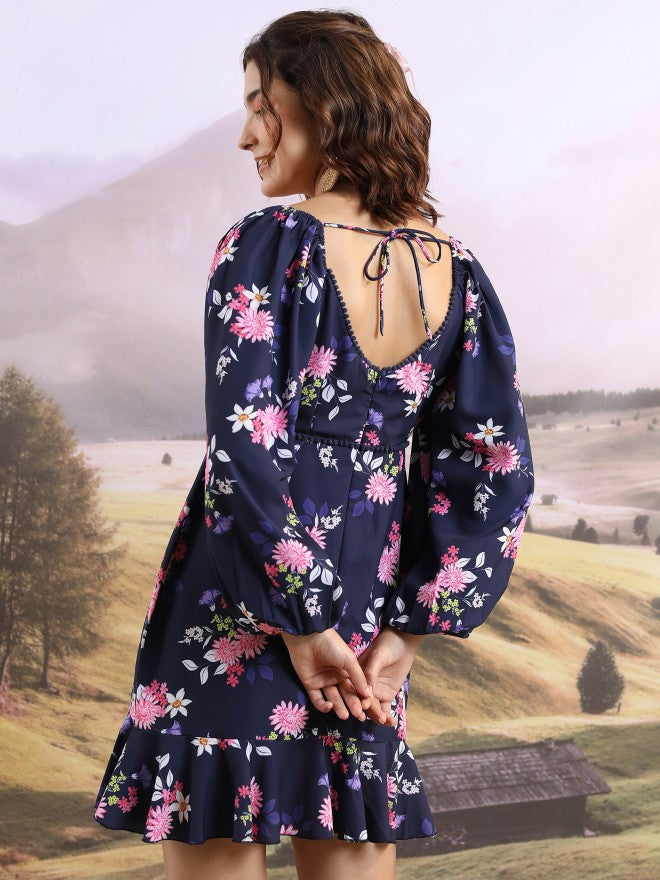 Tokyo Talkies Women Blue Printed Fit And Flare Dress - Blue - Image 3
