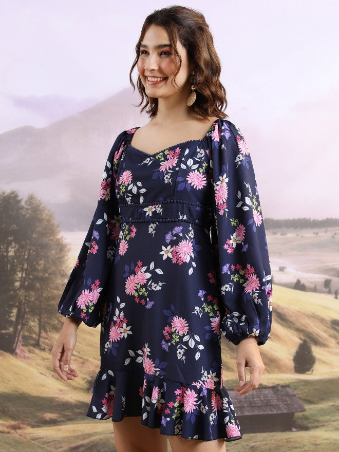 Tokyo Talkies Women Blue Printed Fit And Flare Dress - Blue - Image 4