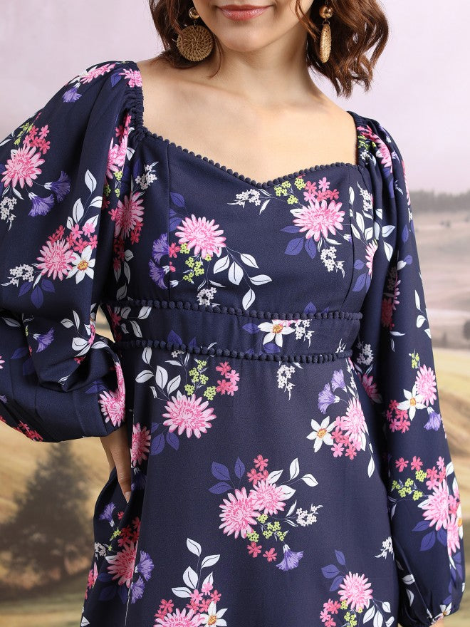 Tokyo Talkies Women Blue Printed Fit And Flare Dress - Blue - Image 5