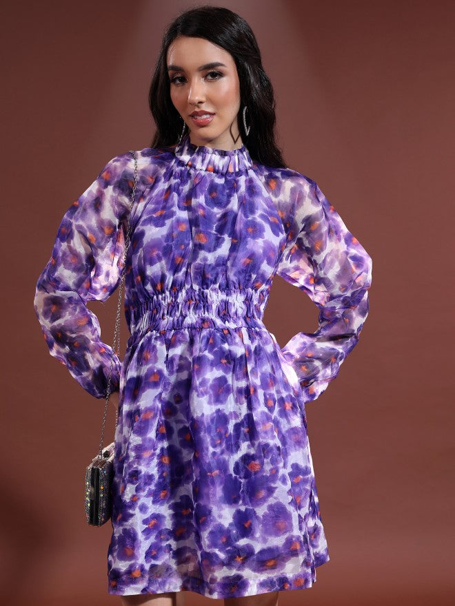 Tokyo Talkies Women Purple/Multi Printed Fit & Flare Dress - Purple - Image 1