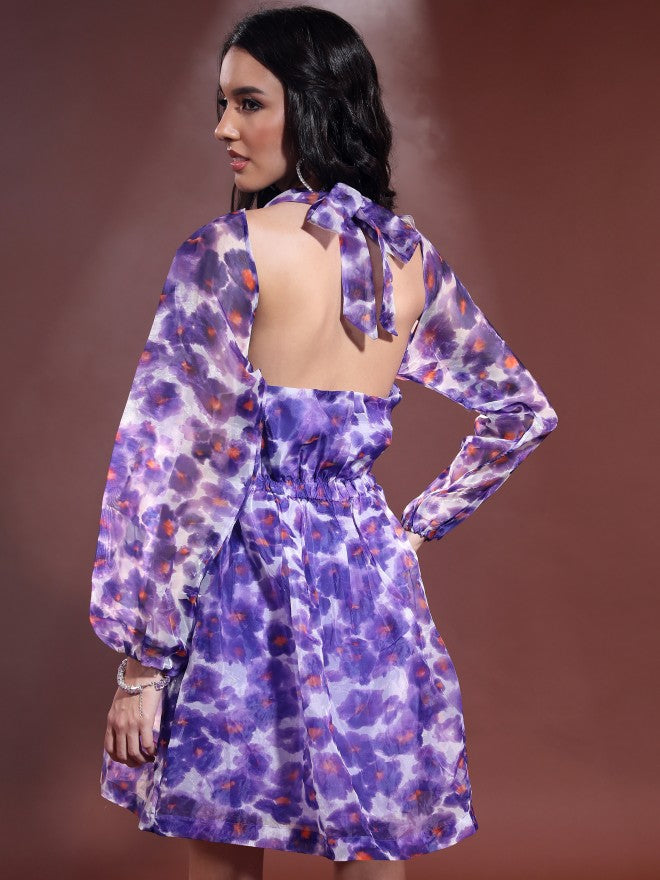 Tokyo Talkies Women Purple/Multi Printed Fit & Flare Dress - Purple - Image 3