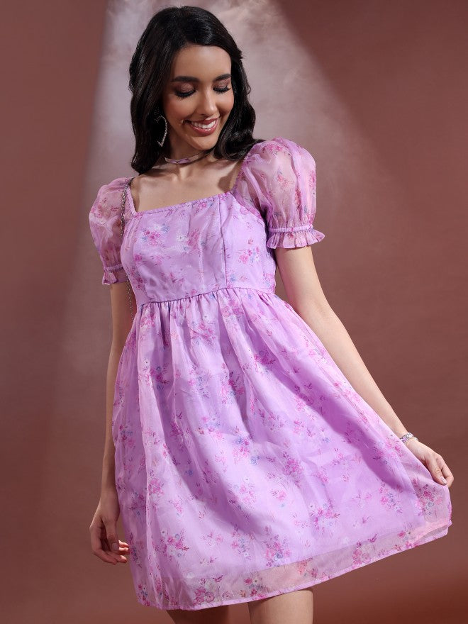 Tokyo Talkies Women Violet Printed Fit And Flare Dress - Violet - Image 1