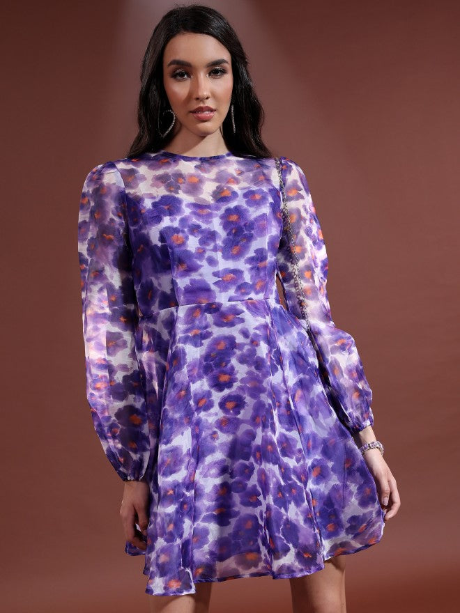 Tokyo Talkies Women Purple/Multi Printed Fit & Flare Dress - Purple - Image 1