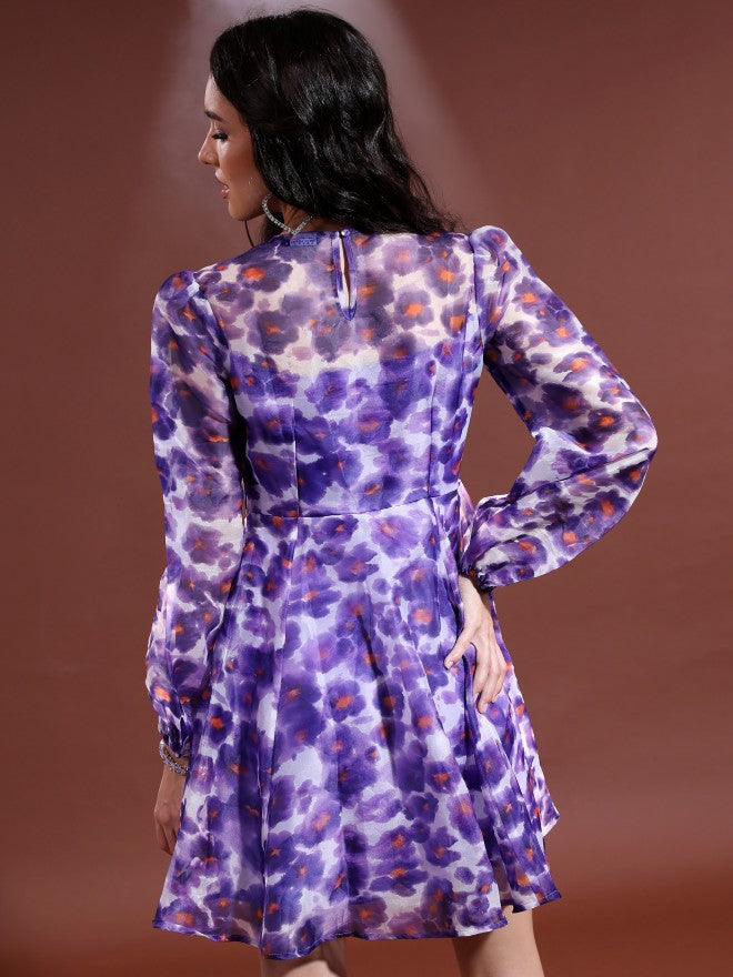 Tokyo Talkies Women Purple/Multi Printed Fit & Flare Dress - Purple - Image 3
