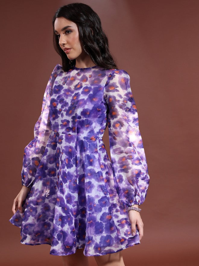 Tokyo Talkies Women Purple/Multi Printed Fit & Flare Dress - Purple - Image 4