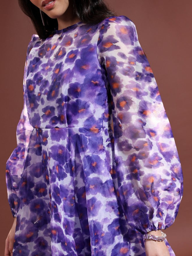 Tokyo Talkies Women Purple/Multi Printed Fit & Flare Dress - Purple - Image 5