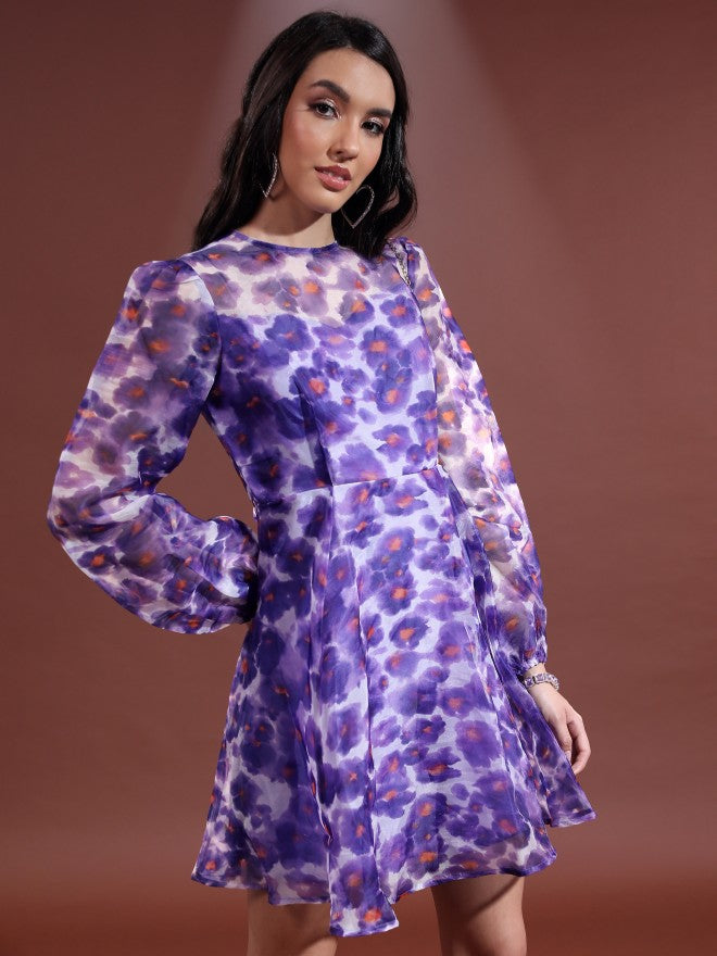 Tokyo Talkies Women Purple/Multi Printed Fit & Flare Dress - Purple - Image 6