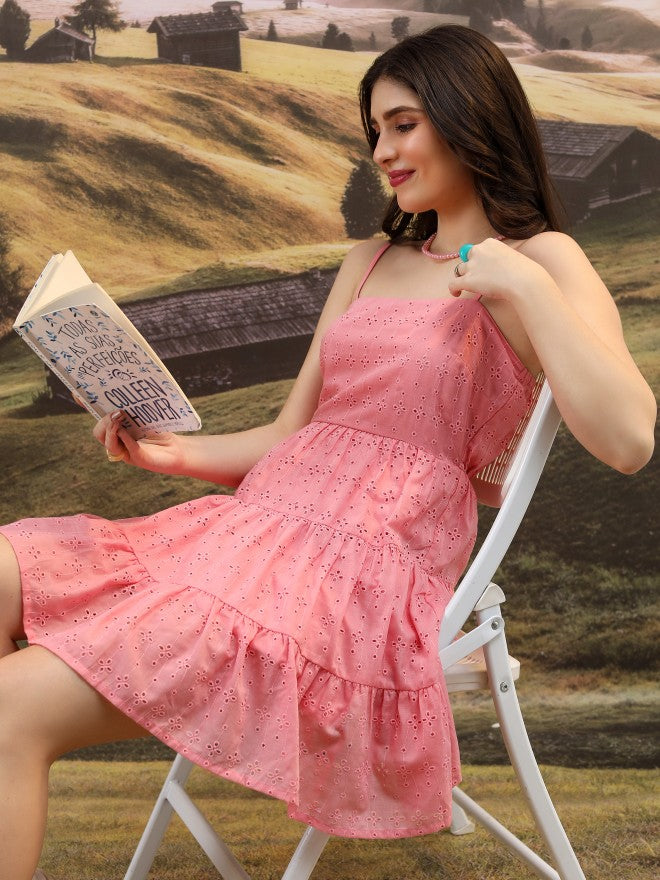 Tokyo Talkies Women Pink Printed Fit And Flare Dress - Pink - Image 1
