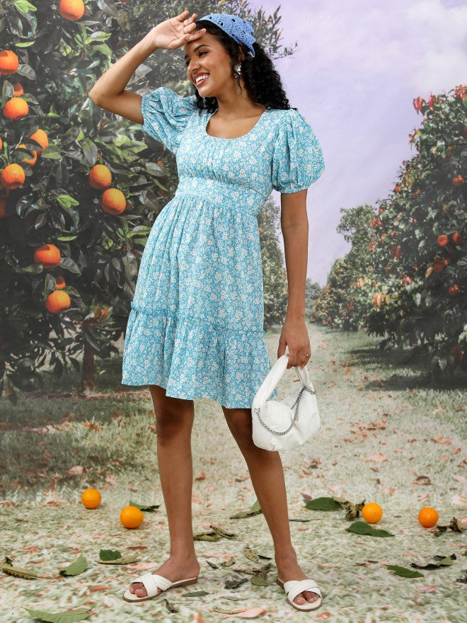 Tokyo Talkies Women Blue/Off White Printed Drop-Waist Dress - Blue - Image 1