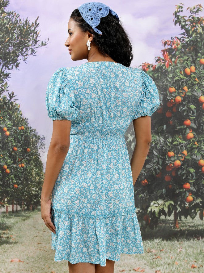 Tokyo Talkies Women Blue/Off White Printed Drop-Waist Dress - Blue - Image 3